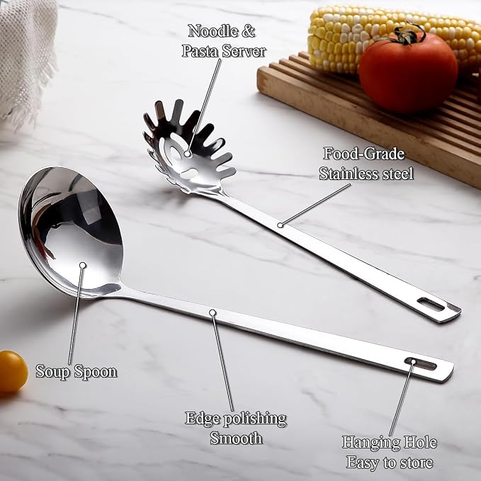 Berglander Kitchen Ladle Spoon and Spaghetti Spoon Set 2 pieces, Pasta Spoon - Image 6
