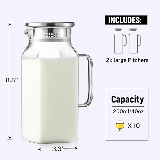 Netany 2 Pack 1.2 Liters/40 oz Small Square Glass Pitcher - Image 2