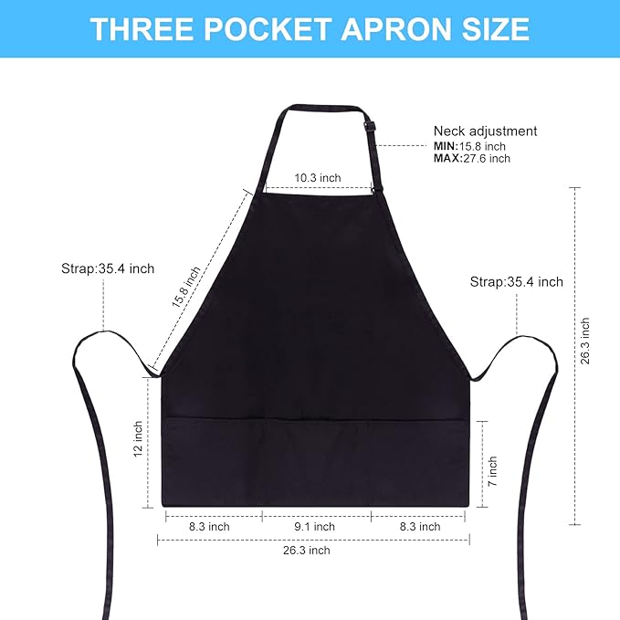 Jubatus 2 Pack 3 Pockets 100% Cotton Adjustable Bib Apron Chef Kitchen Cooking - Image 6