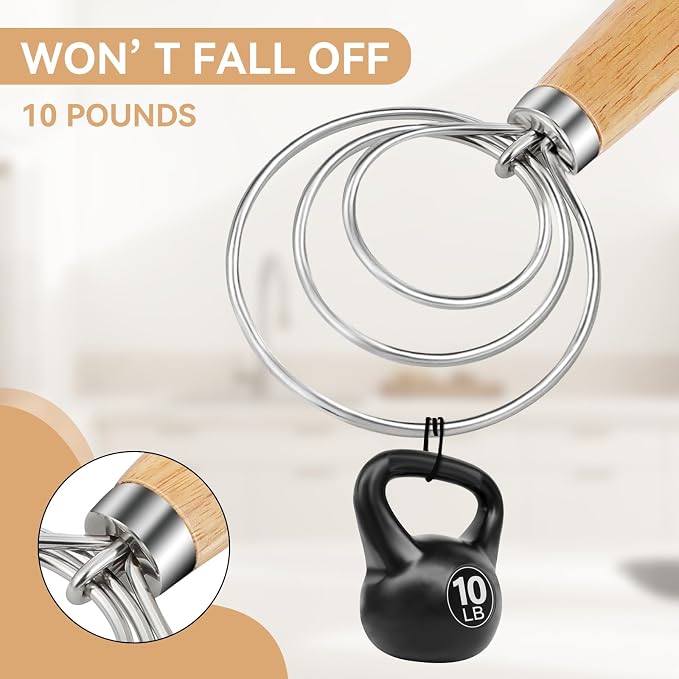 Danish Dough Whisk Dutch Bread Mixer Stainless Steel Hook Wooden Handle Baking - Image 3