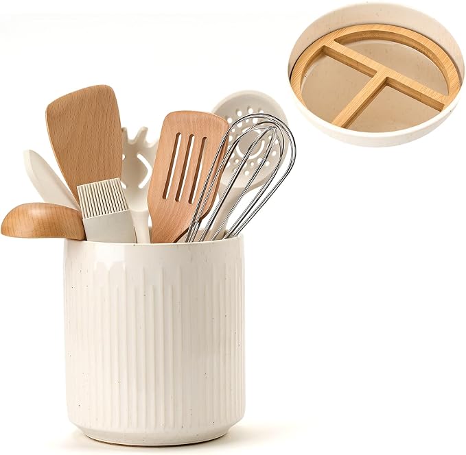 JIEMEI HOME Kitchen Utensil Holder, 7.2" Large Ceramic Stable Utensil Crock - Image 2