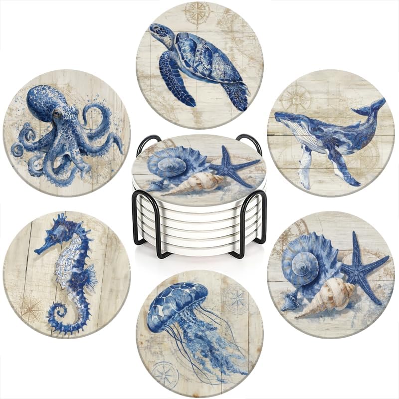 Drink Coasters Set of 6 with Holder Vintage Marine Style Wood Grain