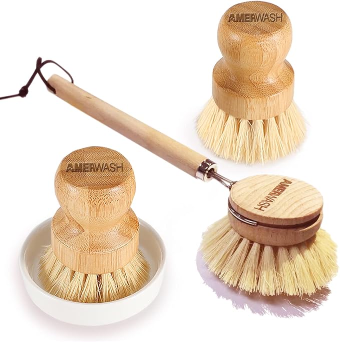 Wooden Dish Brush Set Clean Pots, Pans and Vegetable, Natural Bristles Bamboo by AMERWASHPLUS