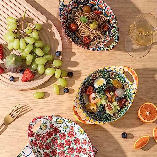 Henten Home Ceramic 19 oz Salad Bowls, Boho Soup Bowl with Handle, Set