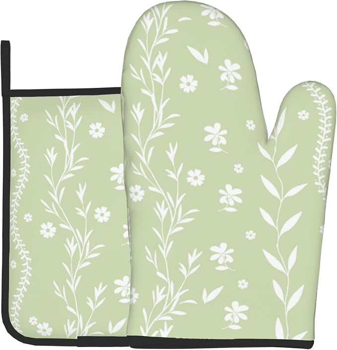 Sage Green Oven Mitt Pot Holder Set Floral BBQ Cooking Gloves Farmhouse by DZGlobal