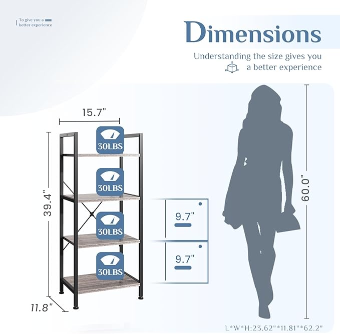 DUMOS 4 Tiers Bookshelf, Classical Book Shelf, Tall Display Shelves in Living - Image 3