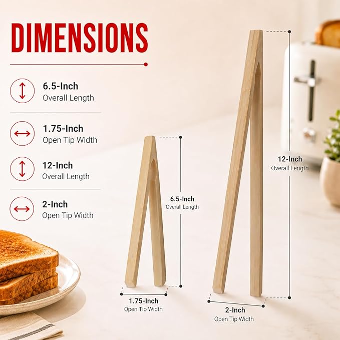 HIC Kitchen Toast Tong Set, Natural Bamboo, 4-Piece Set, Includes 2 Each 6.5 - Image 8