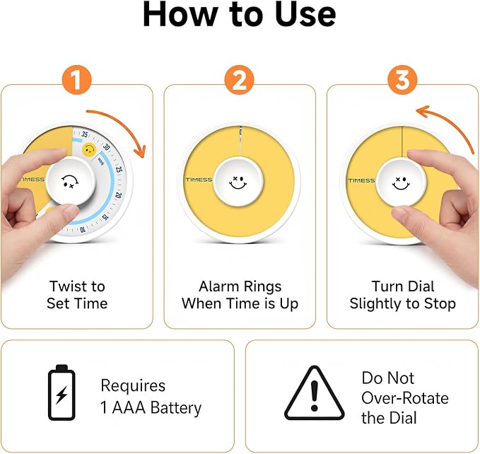 60-Minute Visual Timer, Twist to Set, Loud Battery-Powered Alarm, Manual Rotary - Image 5