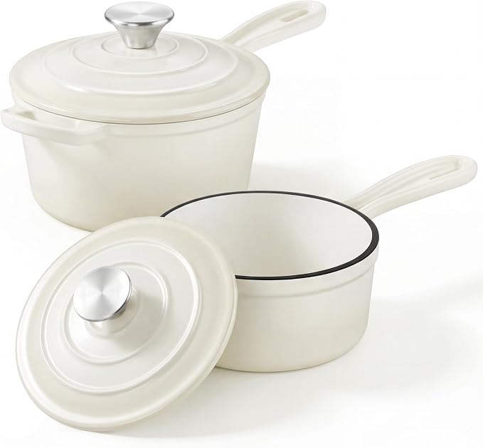 2 Pcs Enameled Sauce Pan with Lid, Leonyo 1 Qt & 2 Qt Cast Iron Saucepan Set by Leonyo