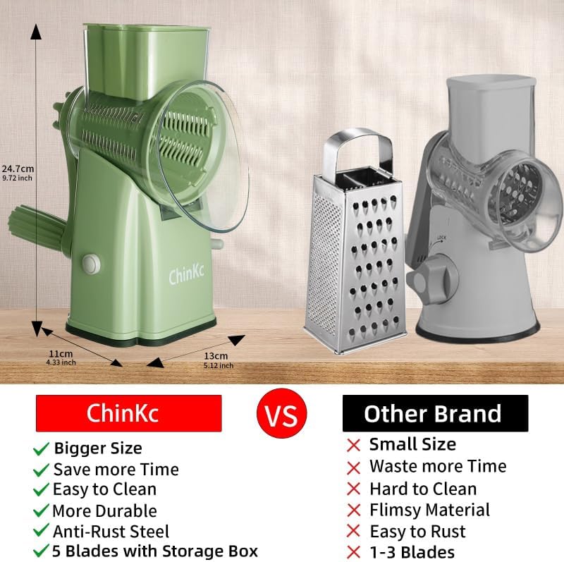 Rotary Cheese Grater Shredder with Handle, 5 Blades
