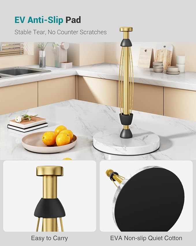 Paper Towel Holder Countertop, Marble Weighted Base, Warm Gold, One-Handed Tear - Image 6
