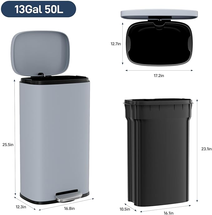 Arlopu 8/13.2 Gallon Step Trash Can, Stainless Steel Garbage Bin, Soft-Close - Image 2