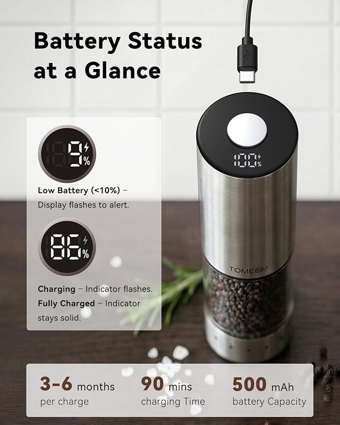 TOMEEM Rechargeable Electric Salt and Pepper Grinder Set, 115ml Large Capacity - Image 4