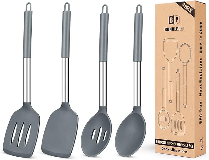 Pack of 4 Silicone Cooking Utensils Set, Non Stick Large Solid Spatulas by BUNDLEPRO
