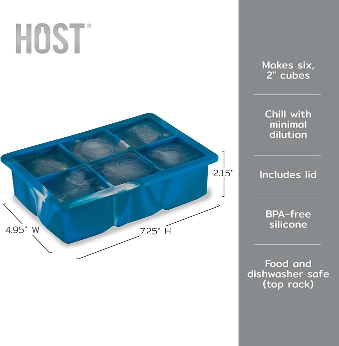 Host Ice Cube Tray with Lid, Makes 6 Large 2" Cubes, Durable Silicone Trays - Image 3