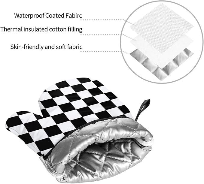 Checkered Black and White Plaid Oven Mitts and Pot Holders Set of 4, Heat - Image 3