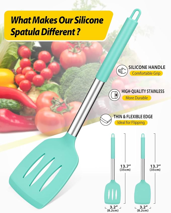 Pack of 2 Silicone Solid Turner, Non Stick Slotted Kitchen Spatulas, High Heat - Image 2