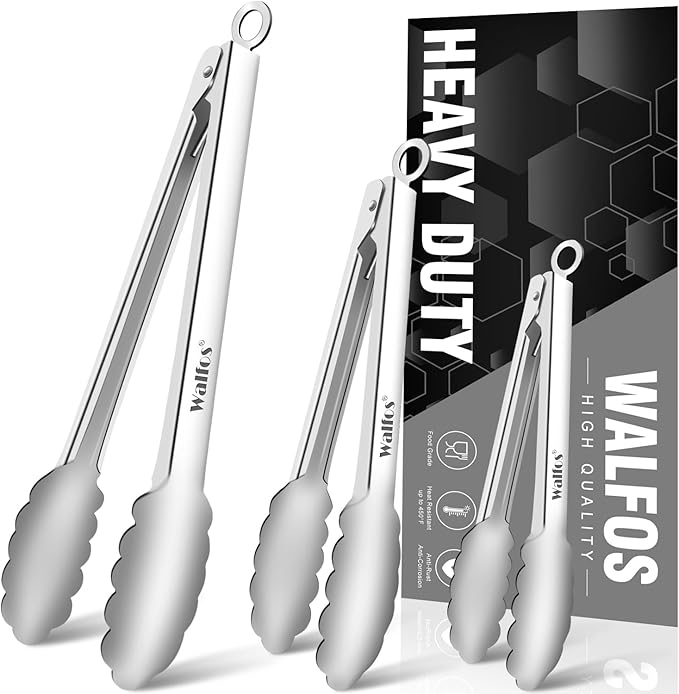 Walfos Kitchen Tongs for Cooking, 600℉ Heat Resistant Stainless Steel Tongs by Walfos