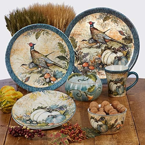 Harvest Gatherings 14 oz. Ceramic Fall Mugs, Set of 4 – Blue & White