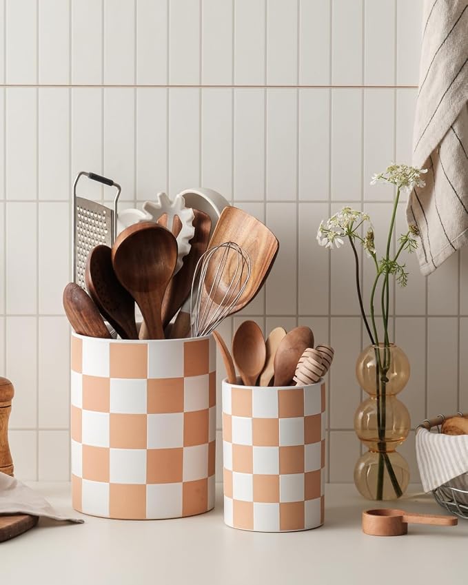 Utensil Holder，7.2 Inch Checkered Utensil Holder, Ceramic Cooking Utensil - Image 4