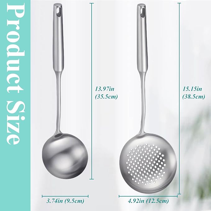Soup Ladle and Slotted Spoon Set of 2, Metal 316 Stainless Steel Kitchen Ladles - Image 4