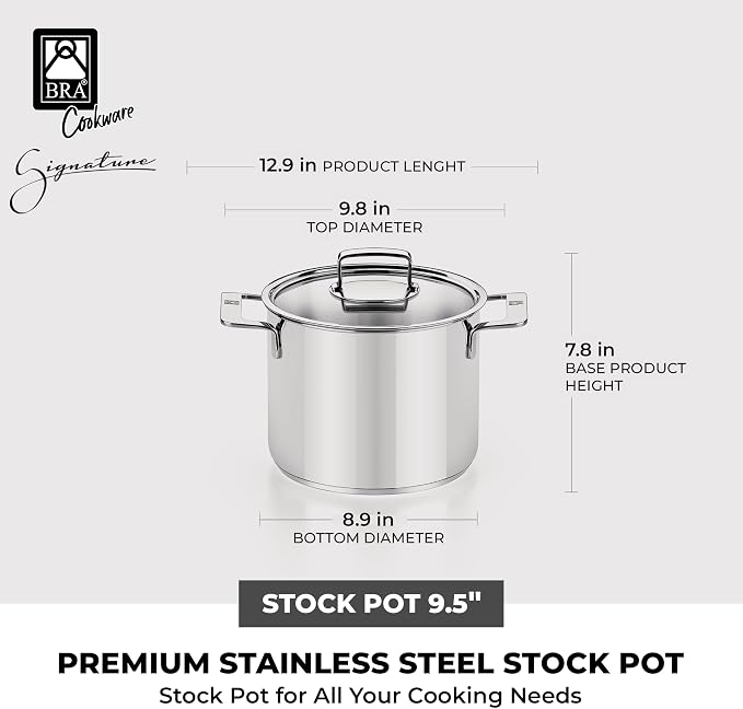 BRA COOKWARE Signature Stainless Steel Stock Pot w/Glass Lid | 9.5 Inch 9 Quart - Image 3