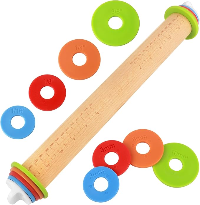 Wood Rolling Pin with Thickness Rings, Adjustable Wooden Rolling Pins by BIDFUL