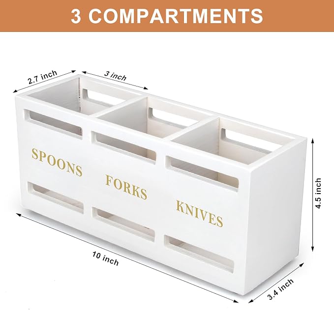 Ayiaren Wood Flatware Silverware Caddy White Cutlery Holder Kitchen Utensils - Image 7