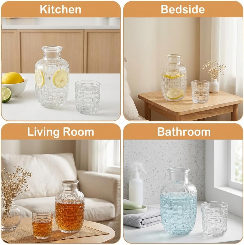 Vintage Bedside Water Carafe and Glass Set, Glass Bedside Carafe with