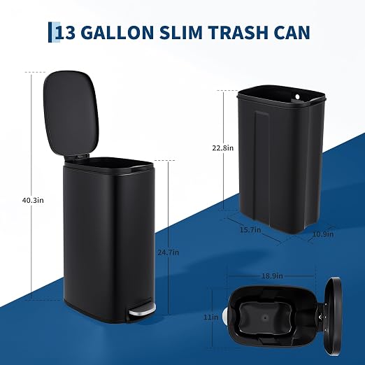 Garvee 13 Gallon Slim Kitchen Trash Can, Narrow Stainless Steel Step-On Pedal - Image 3