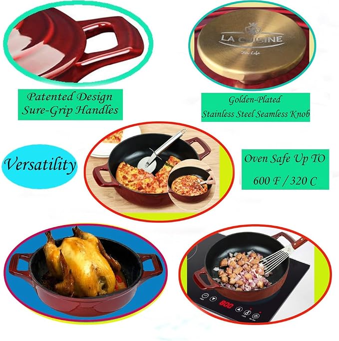 La Cuisine Enameled Cast Iron Braiser Shallow Dutch Oven Braising Sauté Pan - Image 3