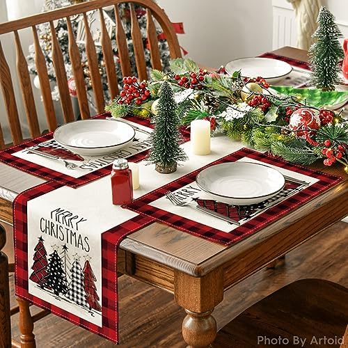 Artoid Mode Red and Black Buffalo Plaid Christmas Trees Placemats Set