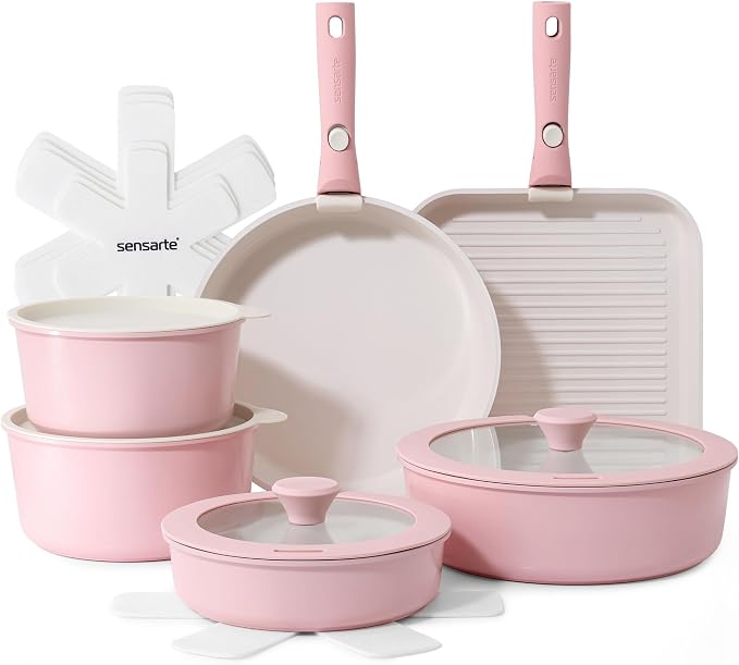 SENSARTE 17 Piece Ceramic Pots and Pans Set, Nonstick Detachable Handle Cookware by SENSARTE