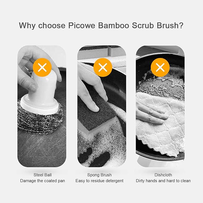 2 Pack Bamboo Dish Scrub Brush, Picowe Natural Scrub Cleaning Brush Vegetable - Image 2