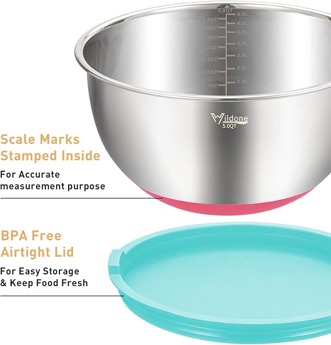 Wildone Mixing Bowls with Airtight Lids Set, with Grater Attachments & Non-Slip - Image 2