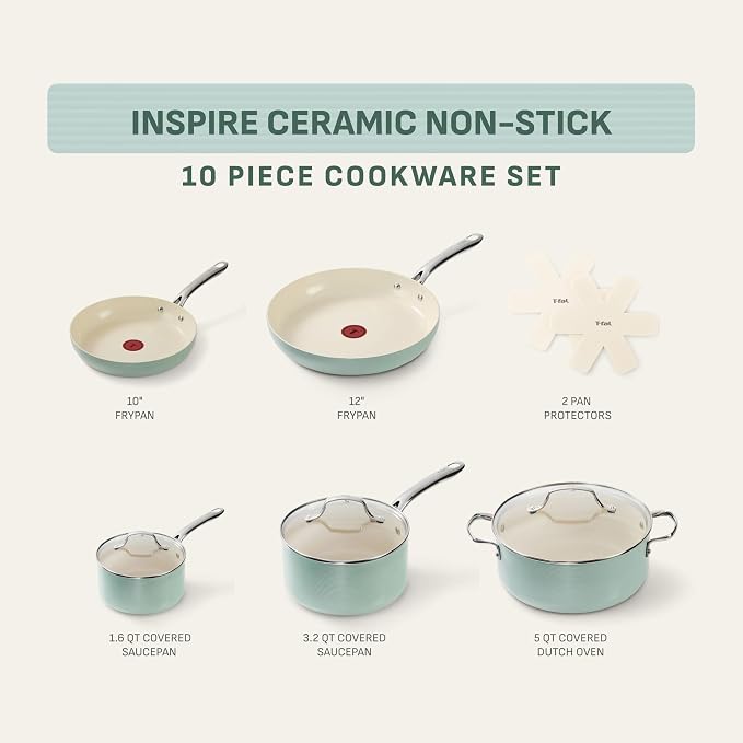 T-Fal Inspire Nonstick Ceramic Cookware Set, Oven Safe to 500°F, Ceramic Pots - Image 2