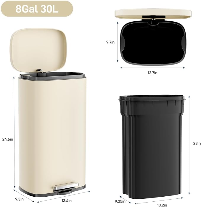 Arlopu 8/13.2 Gallon Step Trash Can, Stainless Steel Garbage Bin, Soft-Close - Image 2