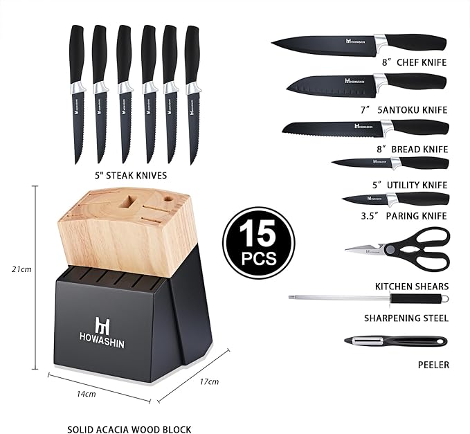 Black Knife Set, Howashin 15 Pieces Knife Sets - Image 2