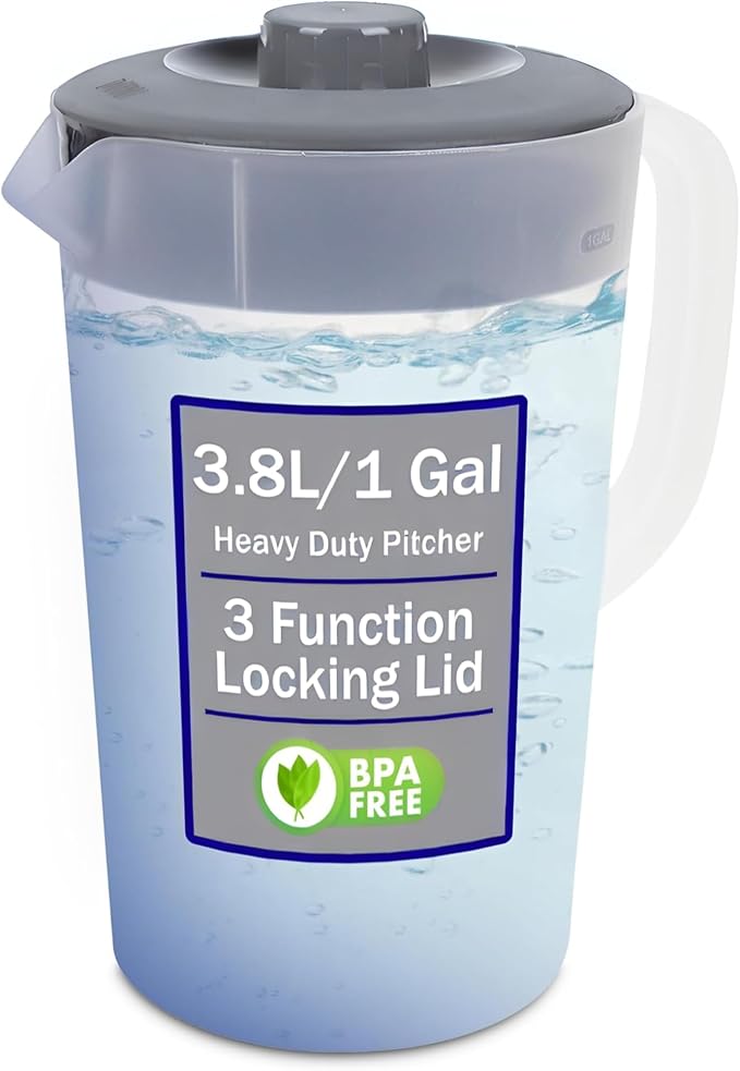 Water Pitcher with Lid 1 Gallon Pitcher, Freezer/Dishwasher Safe, BPA Free & by JOEYZ