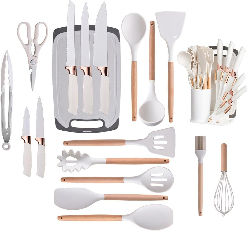 19 PCS Kitchen Cooking Utensils and Knife Set with Holder Block