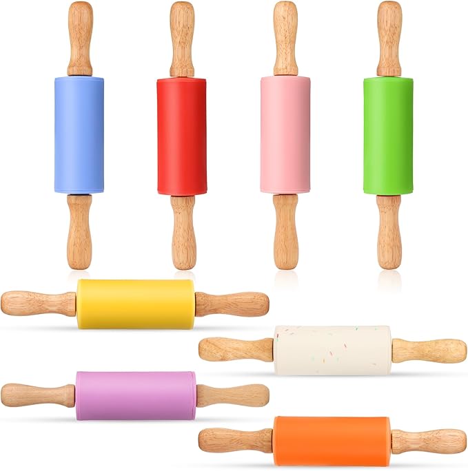 Mini Silicone Rolling Pin for Kids, Non-stick Surface Wood Handle, 9 Inch 8 Pack by Honglida