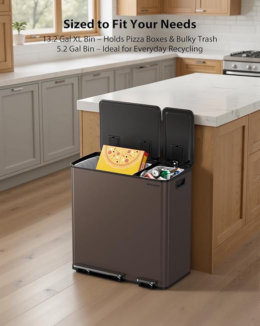 Dual Trash and Recycling Bins for Kitchen, 13.2 + 5.2 Gal Stainless Steel Trash - Image 2