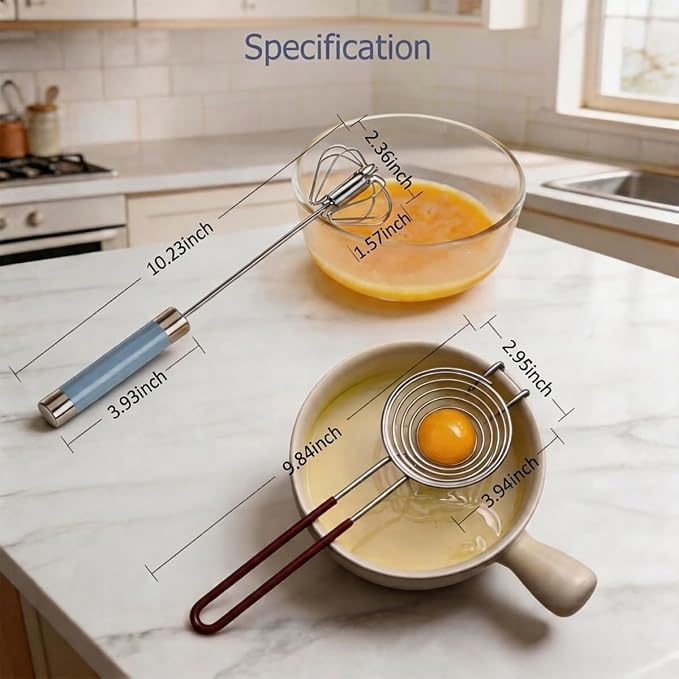 Semi Automatic Whisk & Egg Yolk Separator, Stainless Steel Mini Hand Push Whisk - Image 2