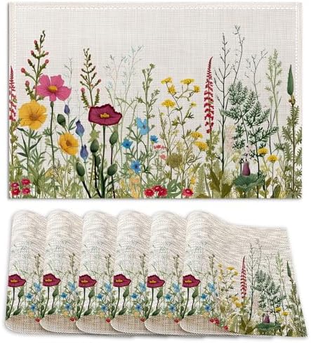 Set of 6 Washable Herbs and Wild Flowers Placemats Non-Slip