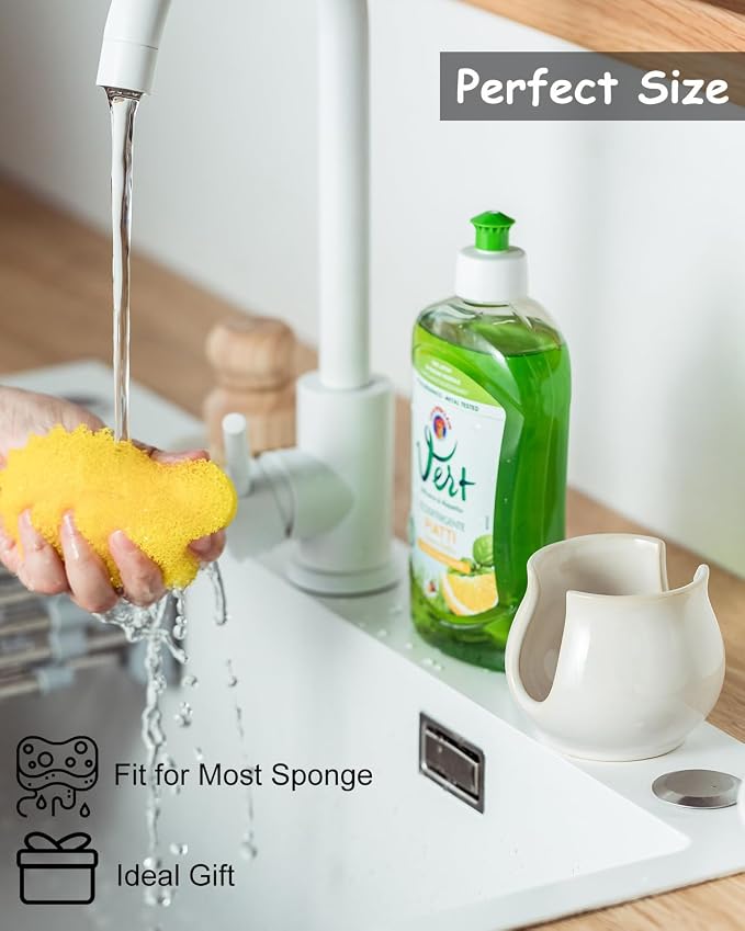 Zoeeker Sponge Holder for Kitchen Sink Counter, Ceramic Dish Sponge Caddy White - Image 6