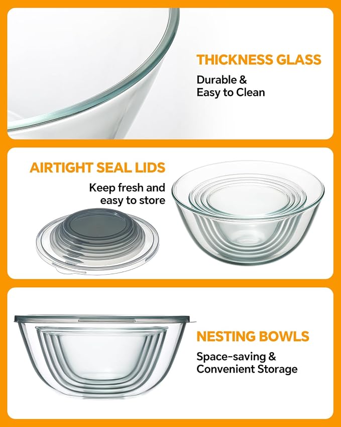 Glass Mixing Bowls with Lids Set of 5, Thick Glass Nesting Bowls - Image 6
