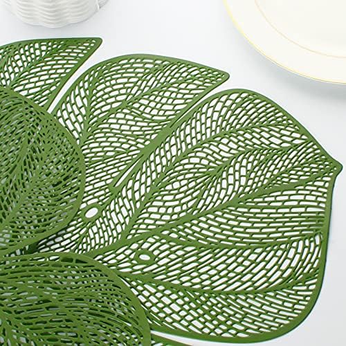 Evevda Green Leaf Shaped Vinyl Placemats for Dinner Table Set of 6