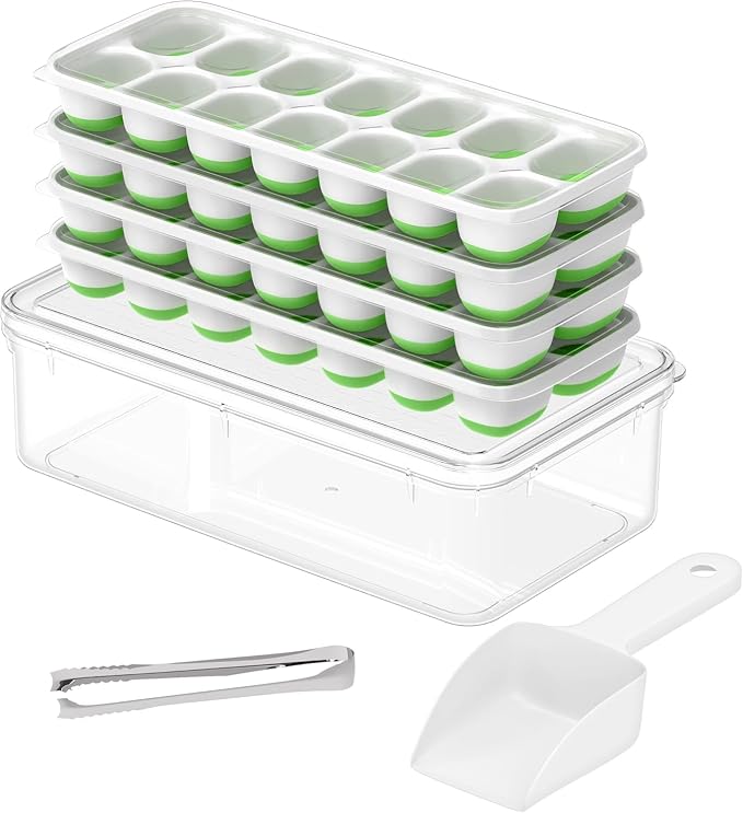 ChefAide Ice Cube Tray with Lid and Bin, 4 Packs 56 Cubes Silicone Plastic Ice by ChefAide