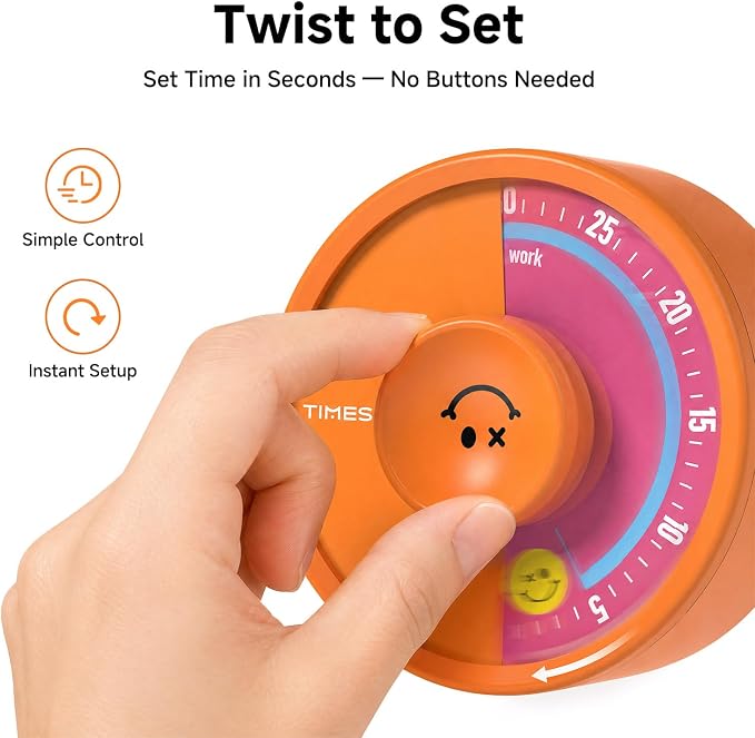 60-Minute Visual Timer, Twist to Set, Loud Battery-Powered Alarm, Bright Rotary - Image 2