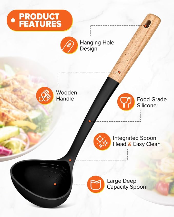 Pasta Fork and Ladle Set, and Sauce Pasta, BPA-Free Matte Silicone, Wood Handle - Image 4